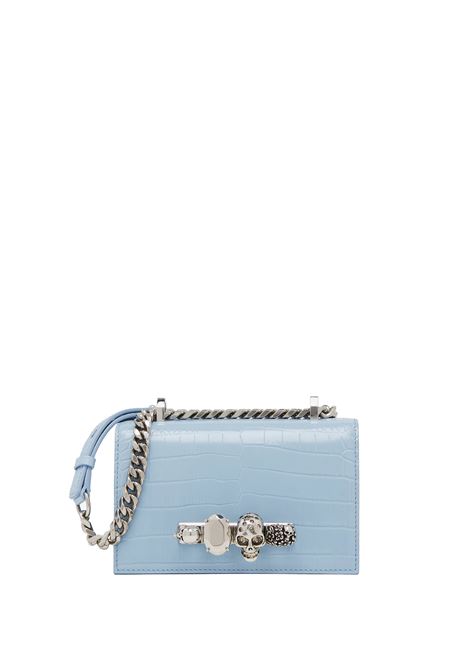 Borsa Mini Jewelled Satchel Azzurra e Argento In Pelle Goffrata Coccodrillo ALEXANDER MCQUEEN | 653134-1HB024900